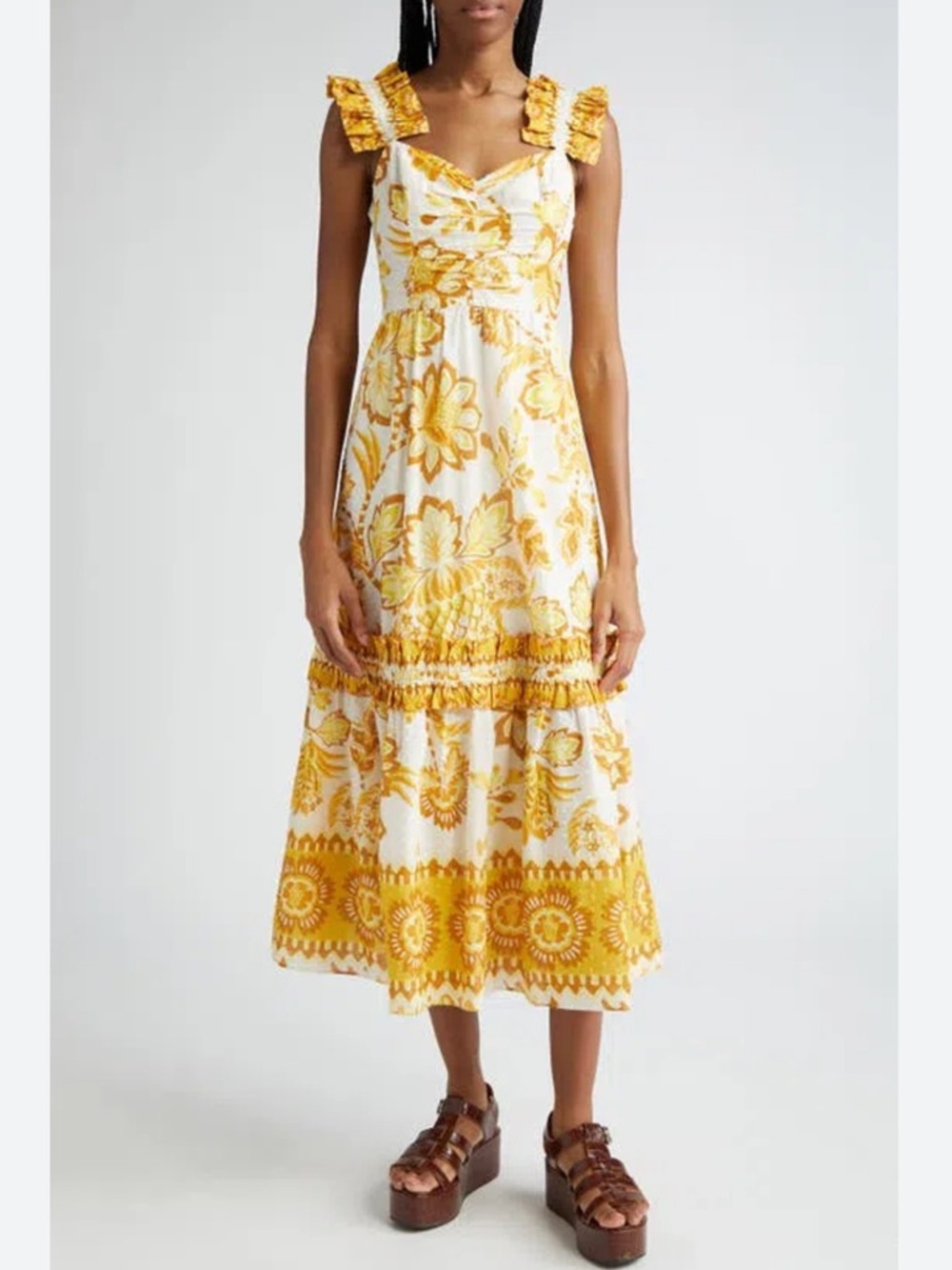 Farm Rio Aura Yellow Floral Ruffle Strap Midi Dress